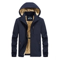 Giacca a vento da uomo blu navy con cappuccio, calda fodera in pile kaki e tasche con zip - M / Blu