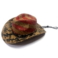 Close-up of straw cowboy hat with hand-painted US flag design and adjustable black cord - Flag Crown/Black Ink Brim