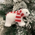 White foam polar bear Christmas tree ornament with a red and white striped scarf - Red And White Scarf