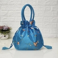 Blue satin bucket handbag with floral embroidery and drawstring closure - Lake Blue