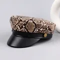 Flat top cadet hat with brown python print fabric and black PU leather brim detail - M (56-58cm) / Khaki (Snake Skin)