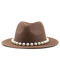 Detailed view of brown straw fedora with large white pearl chain embellishment - M (56-58cm) / Brown