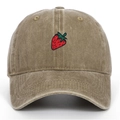 Vintage khaki washed cotton baseball cap with embroidered strawberry pattern for unisex - Khaki