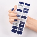 Detail of self-adhesive nail stickers in dark blue, silver glitter, and blue plaid patterns - Dark Blue Silver Glitter Plaid Style (SS-007)