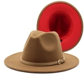 Detail of wool fedora hat with brown exterior, red interior, and khaki buckled leather band - Light Coffee + Red