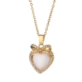 Gold-tone titanium steel necklace with a crystal bow and white opal heart pendant - 9056 Gold Bow Heart