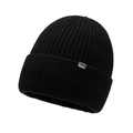 Black ribbed knit beanie with ear flaps and silver metallic FBXS SPORT brand logo tag - Black