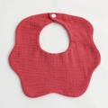 Detailed view of dark red flower shaped 6-layer cotton gauze baby bib with snap button - Orange Red