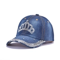 Blue denim baseball cap with sparkling silver rhinestone crown and embellished brim - Orange Stitching Crown Rhinestone (Medium Blue)