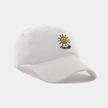 Detail of white cotton baseball cap with yellow sun sunshine embroidery and distressed brim - Adjustable / White