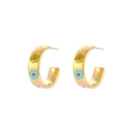C-shaped 18K gold plated stainless steel hoops with colorful enamel flower patterns - Flower
