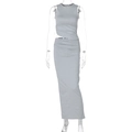 Detailed view of grey two-piece set featuring sleeveless crop top and ruched maxi skirt - S / Gray