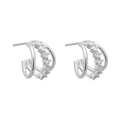 Detail of silver triple-hoop stud earrings featuring pavé-set cubic zirconia accents - Triple Ring Mirror Studs / Silver White