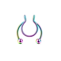 Macro detail of U-shaped rainbow gradient stainless steel septum nose ring with ball ends - 0.8*8*3/3mm / Rainbow