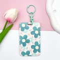 Floral ID card holder in blue and white with mint green keychain and wrist strap - Lake Blue Handcuff Buckle / Green Pink