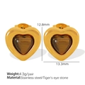 Tiger's eye heart stud earrings in gold stainless steel with dimensional measurements - Tiger Eye Stone Heart Gold Stud Earrings (EH285)