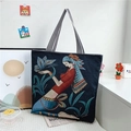 Ethnic style navy blue canvas tote bag with exquisite girl embroidery and striped strap - Style 5 (Girl with Butterfly on Navy Blue)