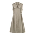 Women's sleeveless khaki shirt dress with lapel collar and waist adjustment buckles - XS / Khaki