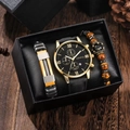 Men's gold watch with black leather strap and beaded bracelet set in a black gift box - Gold Black Cuff