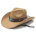 Retro khaki suede western cowboy hat with turquoise beaded band and chin strap - M (56-58cm) / Camel