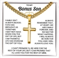 Punk style golden cross necklace presented in a son gift box with card message - To My Bonus Son-Gold Cross Necklace