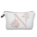 Elegant white cosmetic bag featuring a pink floral letter N pattern and black zipper - Letter N Style