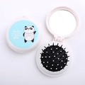 Pink and blue folding travel hairbrush with panda pattern and built-in makeup mirror - Blue Panda
