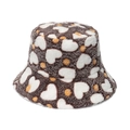 Brown plush bucket hat with white heart and yellow polka dot patterns on white background - Coffee