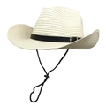 Détail d'un chapeau de paille western avec fine ceinture en simili cuir et mentonnière - Blanc Cassé