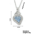 Silver stainless steel necklace featuring a blue heart gemstone pendant with ornate lace trim - Silver Blue Rhinestone (N01050-6)