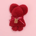 Red coral velvet bear-shaped towel with gold Xi character pendant and silk ribbon - Wine Red Pineapple Texture Bear With Double Happiness Charm