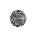 Macro detail of Nordic Viking shield brooch with Vegvisir compass and woven texture - D-349 Antique Tin Round Viking Compass Vegvisir