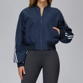 Dark blue bomber jacket featuring white three-stripe sleeve detail and zipper closure - S / Navy Blue
