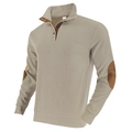 Close-up of khaki rib-knit sweatshirt with suede elbow patches and three-button collar - Khaki