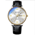 Classic men's quartz watch with gold steel case, black leather strap and day-date display - Black Leather White Dial (A53)