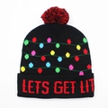 Black knit Christmas beanie with colorful polka dots and red LETS GET LIT text - Hat Style 12 (Black Bulb Pattern)