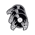 Retro surreal enamel pin featuring black vinyl records held by white skeleton hands - Skeleton Hand Record
