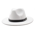 Classic white wool fedora hat with black studded leather band and flat brim for men and women - M (56-58cm) / White