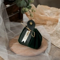 Dark green velvet wedding favor bag with leather strap and elegant pearl charm detail - Dark Green with Pearl Tag