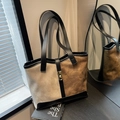 Bolso tote grande vintage de gamuza bicolor con correas de cuero negro y cierre - Patchwork Beige/Marrón/Negro / Negro