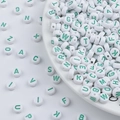 DIY 4x7mm white round acrylic letter beads with green alphabets for jewelry making - Solid White with Green Letters