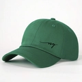 Detail view of dark green cotton baseball cap with black ny script embroidery on the side - One Size / Olive Green