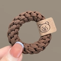 Brown woven hair scrunchie with cute bear faux leather label and high elastic texture - Dark Coffee Braided Hair Tie with Bear Tag 1Pc