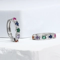 Silver hoop earrings featuring vibrant multi-colored square zircon stones on white surface - Colorful Zirconia / Silver