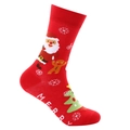 Red Christmas crew socks featuring Santa and gingerbread man patterns with Merry text - One Size / Red Gingerbread and Christmas Tree (1102)