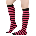 Detail view of black and pink striped knee-high socks worn by a model in a side pose - Straight Without Heel / Rose Red Black Thin Striped