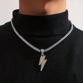Hip hop lightning bolt pendant with sparkling crystals on a classic tennis chain necklace - Set / Silver Color Pendant with Necklace