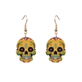 Detail of yellow skull earrings with colorful floral patterns and golden metal hooks - Light Yellow