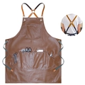 Grembiule in pelle PU marrone impermeabile con spalline incrociate e tasche per barbieri - Tracolla in metà tessuto e metà pelle / Marrone