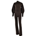 Dark brown two-piece knitted set featuring asymmetric high collar top and wide leg pants - Coffee